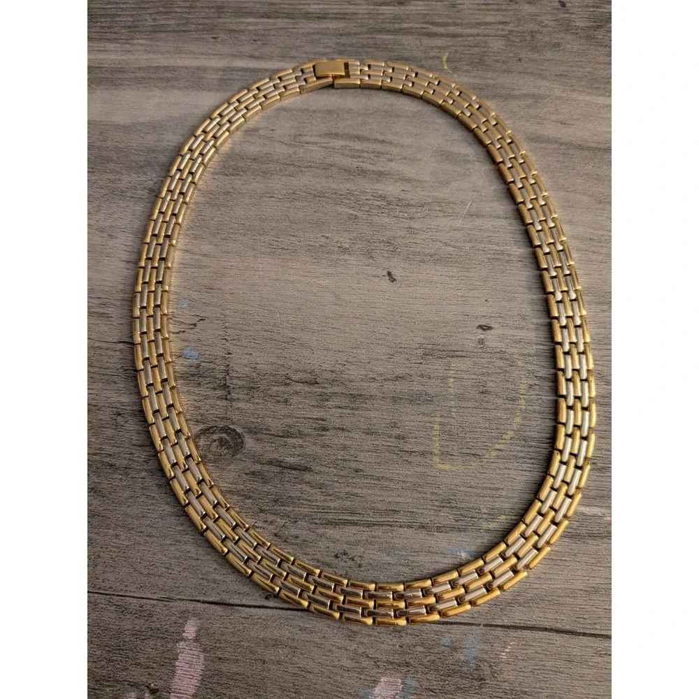 Mens Two Tone Panther Link Chain Necklace Gold Silver Tone Flat Polished Choker